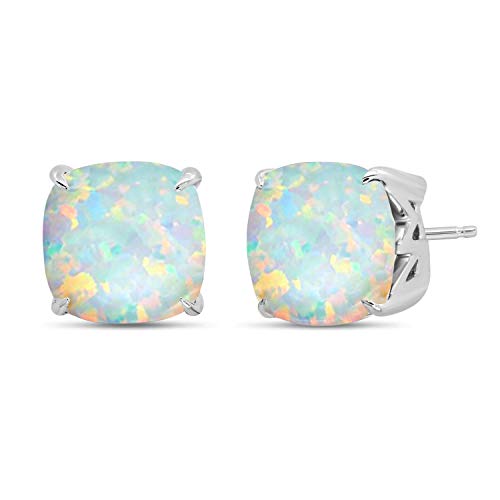 Cushion Cut 925 Sterling Silver Stud Earrings For Women Gemstone October Birthstone Jewelry White Opal Earrings Studs Created 8Mm Push Back Fine Fire Opal Jewelry Women Hypoallergenic Birth Stone #TOP25