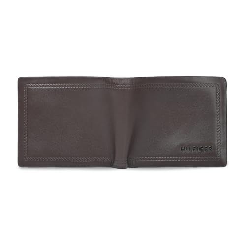Image of Tommy Hilfiger Men's Leather Wallet Pelotas | Solid Brown Bi-Fold with Global Coin Pocket, 4 Card Slots | Stylish Purse for Gents
