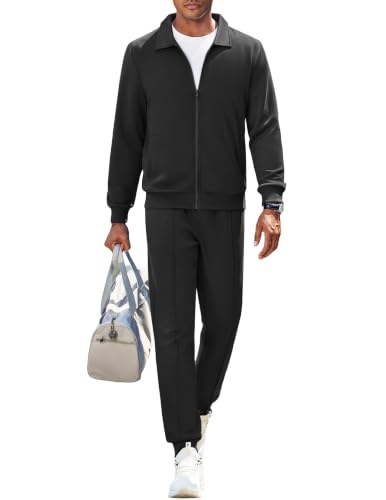 COOFANDY Men's Tennis Sweat Set Full Zip Black Tracksuit Sweatsuits Winter Jogger Set 2 Piece Fit Outfit With Pockets