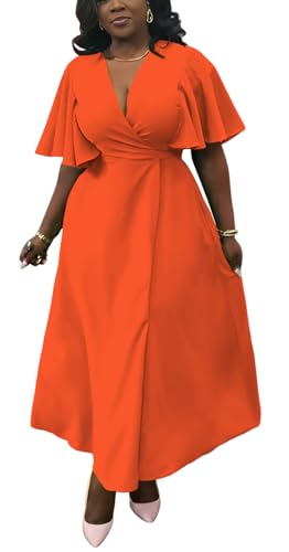 Image of Summer Dresses for Women Semi-Formal Fit Casual Short Ruffle Sleeve V Neck Elegant Swing Split Long Maxi Dresses
