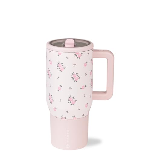 HydroJug Traveler - 20 oz Water Bottle with Handle & Flip Straw - Fits in Cup Holder, Leak Resistant Tumbler-Reusable Insulated Stainless Steel & Rubber Base - Gifts for Women & Men, Wildrose