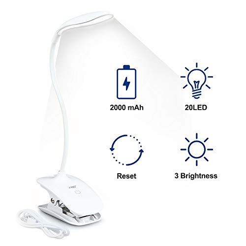ENG Avancée Lampe de chevet, Lampe de lecture, Lampe clipsable, 20LED Lampe pince pour lit, 3modes d’éclairage, auto-reset et stable luminosité pour maison, bureau, lit, 2000mAh, Blanc