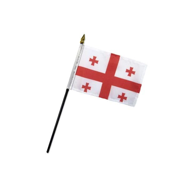 AES Small 4" x 6" 4x6 inch Georgia (Country) Hand DESK Flag Polyester Material Stitched Edges 11" Plastic Stick Flag Hand Held Mini Small Stick Flags