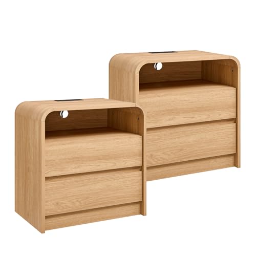 Image of Aitjunz 25" Tall Modern Nightstand Set of 2, 23.6'' Wide Wood Bedside Table w/2 Storage Drawers, Charging Station, Mid Century End Table for Bedroom, Living Room,Curved Profile Design, Natural Oak | Modern, Set of 2, Bedside Table, 2 Storage Drawers, Charging Station, Mid Century