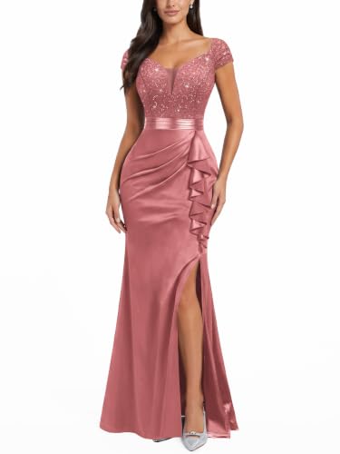 Image of Miusol Women's Vintage V-Neck Slim Ruffle Split Evening Formal Maxi Dress