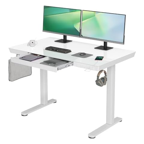 YDN Glass Standing Desk with Drawers, 48 x 24 Inch Electric Stand Up Desk with USB Ports, Adjustable Height Desk for Home Office, White Cover