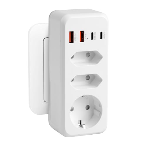 Ladron Enchufes 7 en 1,Enchufe Multiple Pared,Regletas Enchufes con 4 USB,1 Schuko y 2 Enchufe EU,Enchufe Doble 3500W, Ladron Enchufe Plano USB C para Móvil,Familia,Oficina,Cocina,Blanco
