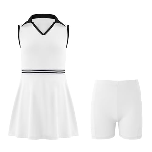 Image of Girls Tennis Dress Golf Outfit Sleeveless Athletic Dresses Polo V Neck Sport Skirt with Pockets 4-13Y