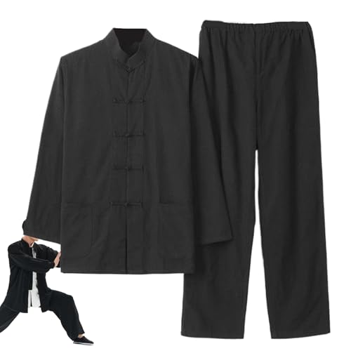 Lawnrden Martial Arts Pants, Kung Fu Uniform, Breathable Cotton Martial Arts Pants and Long Sleeved Shirt Chinese Traditional Tai Chi Uniform with Standing Collar and Buckle, for Unisex, 2XL