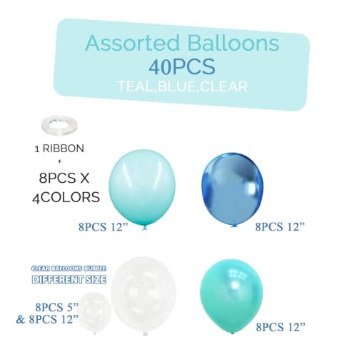Image of Teal Turquoise Blue Clear Balloons Different Size,Under the Sea Party Decorations-40Pcs Pearl Metallic Blue,Clear Bubble Latex Baloons for Beach Ocean Sea Water Animals Theme Party Birthday Balloons