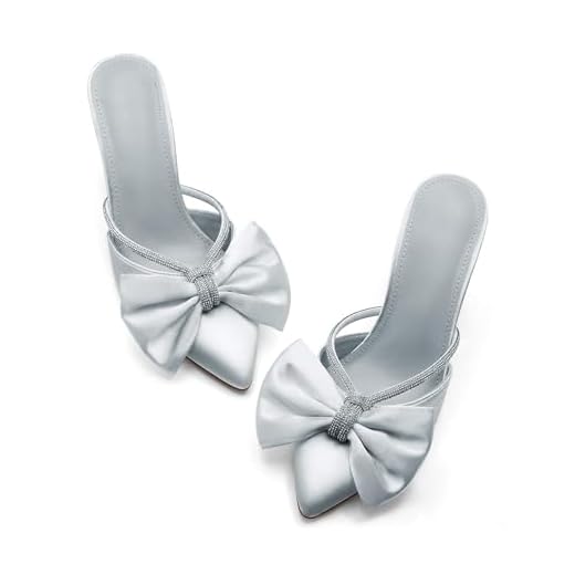 Coutgo Sandálias Femininas De Salto Alto Com Laço, Bico Fino, Fechado, Strass, Cetim, Sem Costas, Sapatos Casamento, Prata, Tamanho 7