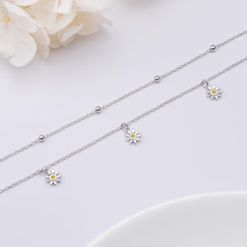 Image of Ladytree S925 Sterling Silver Boho Beach Double Layer Anklets Bracelet for Women Adjustable 9 to 11 inches