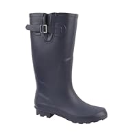 A2Z Ladies Wide Fit Heeled Wellington Boots Rubber Waterproof Adjustable Buckle - Wellies LDS White Haven Navy 7 UK