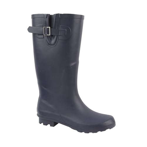 A2Z Ladies Wide Fit Heeled Wellington Boots Rubber Waterproof Adjustable Buckle - Wellies LDS White Haven Navy 7 UK