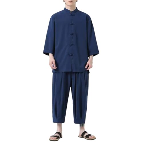 Cotton Linen Men's Casual Outdoor 2-Piece Suit Shirt with Pants Beach Short Sleeve Sets - Main Image