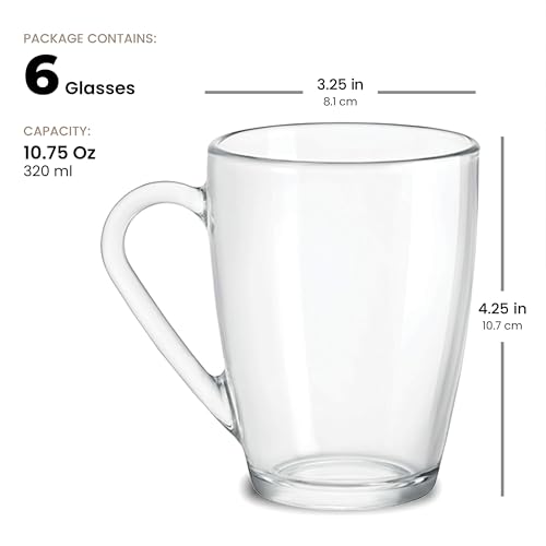 Bormioli Rocco Glass Coffee Mug Set, (6 Pack) 10¾ Ounce with Convenient Handle, Tea Glasses for Hot/Cold Beverages, Thermal Shock Resistant, Tempered Glass, for Cappuccino, Latte, Espresso, clear. - Thumbnail 3