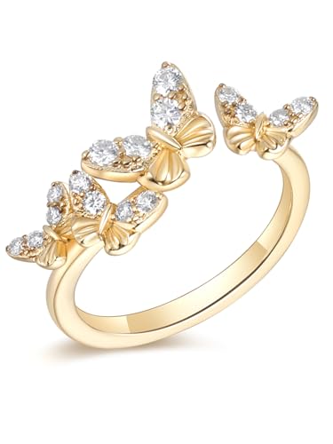 CYW Moissanite Butterfly Pretty Stacking Gold Open Ring for Women 925 Sterling Silver Adjustable Ring Size 7