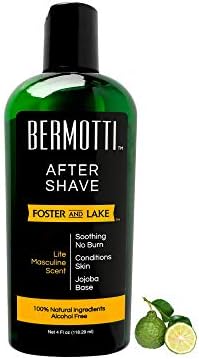 Foster and Lake, BERMOTTI No Burn Best Aftershave Balm, 4 fl. oz.- Natural Non Alcohol, Bergamot Scent, Skin Moisturizer Lotion for Head or Face