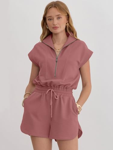 Image of Rompers for Women Summer Short Sleeve Half Zip Lapel Collar Jumpsuit Casual Drawstring One Piece Outfits with Pockets