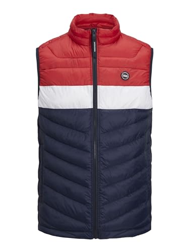 JACK & JONES Mens Puffer Gilet Sleeveless High Neck Outdoor Jackets for Men, Navy True Red Colour, Size- XL