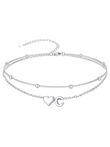 Image of SILVERCUTE Silver Anklets for Women, Waterproof Initial Heart Ankle Bracelets Sterling Silver, Adjustable Layered Foot Jewelry Summer Beach Fashion with Personalized Name Design, Gift Package