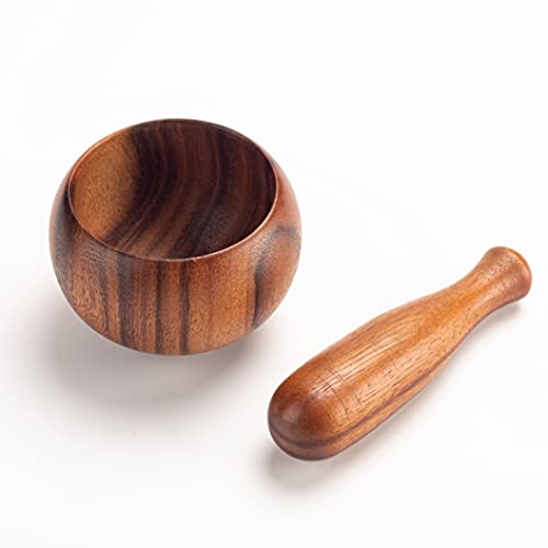 Acacia Wood Mortar & Pestle Set: Pestle Grinder/Crusher For Herbs, Spices And Kitchen Usage Crusher Wooden Guacamole Natural Bowl Cooking Seasoning Grinding Hardwood Set 6 Inch #TOP2