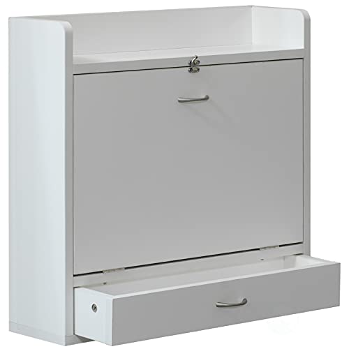 Bureau mural rabattable blanc gain de place avec tiroir et rangements