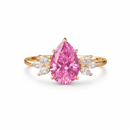 Pear Cut Pink Sapphire Engagement Ring 14K Yellow Gold Floral Halo Ring for Women Vintage Teardrop Promise Ring CZ Diamond Accent Anniversary Jewelry Gift for Her