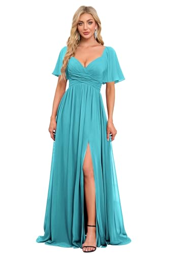 Image of Women's Flutter Sleeves Chiffon Bridesmaid Dresses with Slit Long A Line V-Neck Formal Party Dress with Pockets