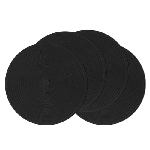 SHACOS Round Braided Placemats Set of 4 Heavy Cotton Polyester Washable Round Table Mats for Dining Tables 15 inch Non Slip Heat Resistant (Black, 4)