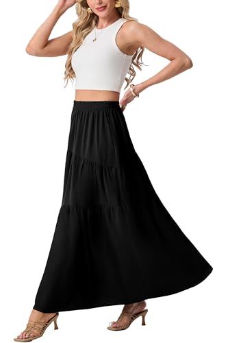 GRECERELLE Women's Balck Maxi Skirt Casual Flowy Tiered A-Line Elastic High Waist Long Skirts with Pockets for Summer Beach Vacation, XS Black — view 6