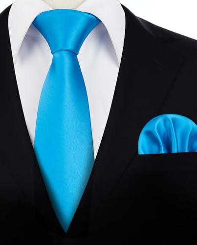Image of HISDERN Mens Solid Color Ties Formal Satin Necktie and Pocket Square Set Classic Wedding Business Tie & Handkerchief
