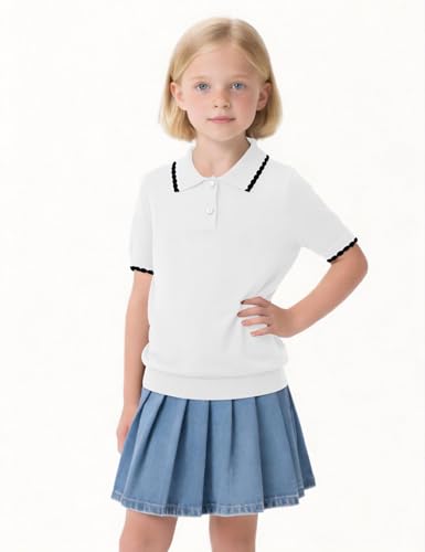 Image of Girls Short Sleeve Polo Shirt V Neck Button Down Shirts Summer Knit School Uniform Crop Tops