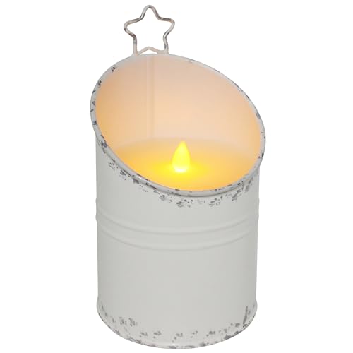 Image of CVHOMEDECO. Vintage Galvanized Can Flameless LED Candle, Real Wax in Antique Galvanized Jar Flickering Candle with Remote Control for Tabletop Wall Decor. H 8 Inch, Cream