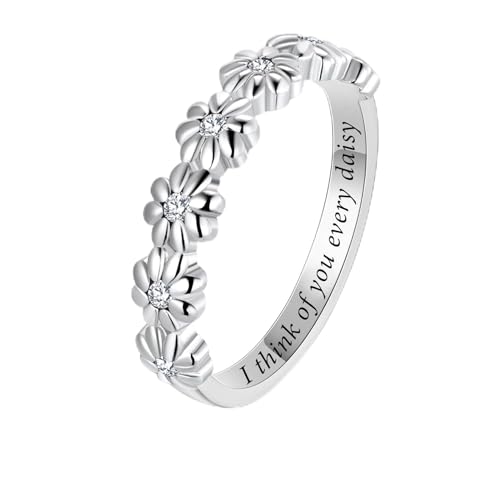LEXLUNE Dainty Daisy Ring for Women, S925 Sterling Silver Cubic Zirconia Sunflower Flower Ring For Daughter, I Think Of You Every Daisy Ring,April Birthstone Diamond Size 5