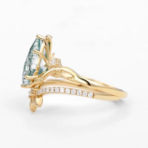 Personalized Moss Agate Ring for Women 925 Sterling Silver/10K/14K/18K Gold Moss Agate Moissanite Engagement Wedding Set Ring4