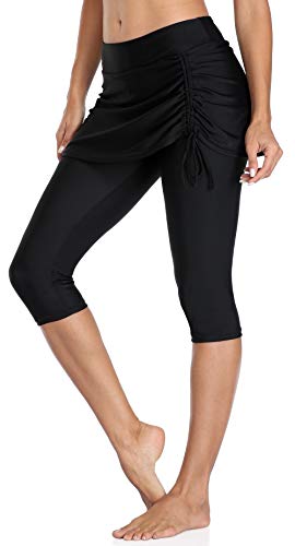ATTRACO Women Swim Capris Skirted Leggings Athleic Surfing Leggings with Skirt M Black