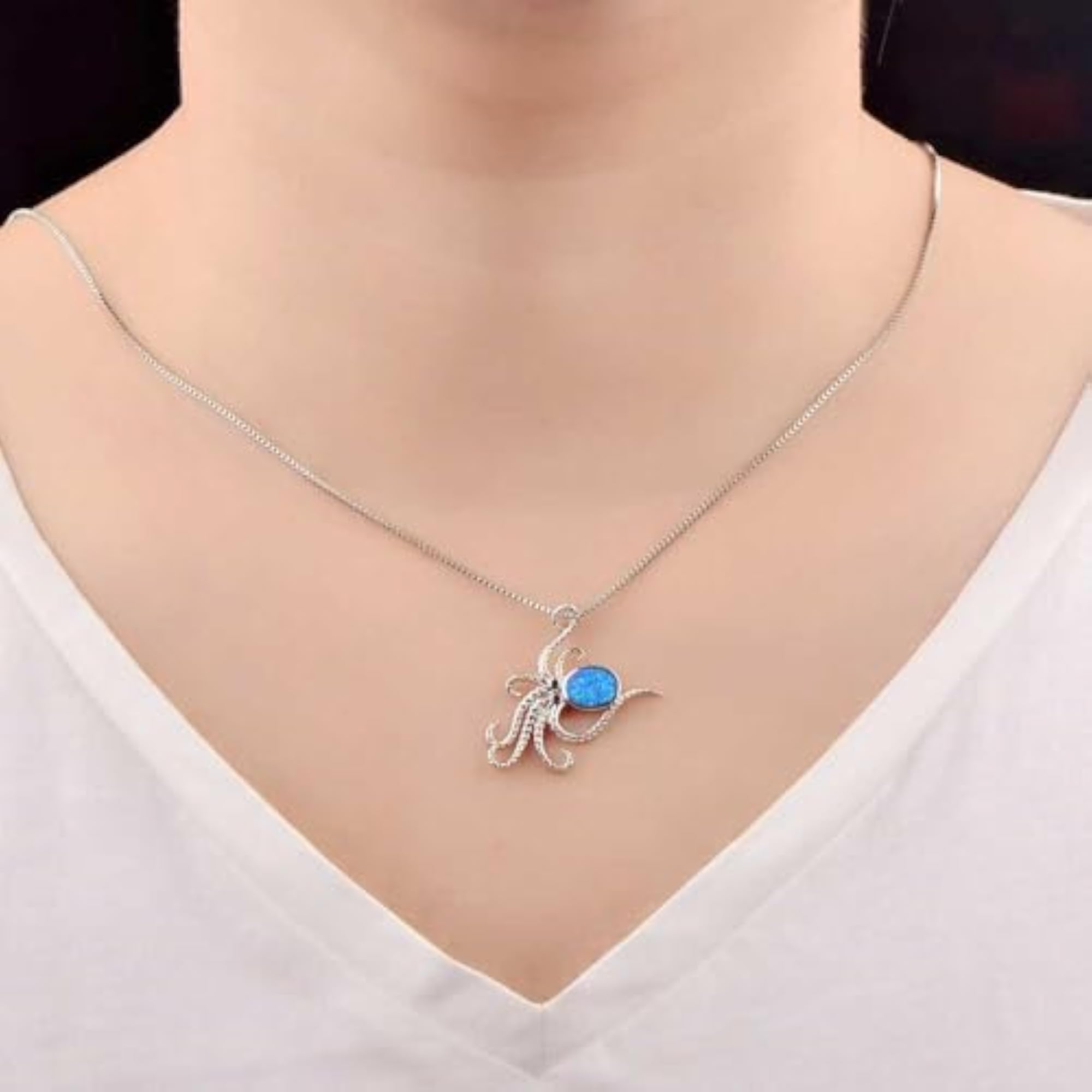 Opal Octopus Pendant Necklace, Silver Plated