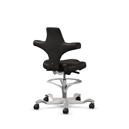 Image of HAG Capisco Sit to Stand Chair-Silver Frame-Upholstered Black Onyx Vinyl-with Foot Ring