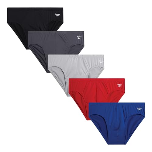Reebok Mens Low Rise Briefs - 5 Pack Athletic Performance Mens Underwear Briefs with Contour Support Pouch for Gym Daily Wear, Size Large, Black-Dark Grey-Tomato Red-Metallic Grey-Cobalt Blue