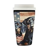 Wiederverwendbare Eiskaffeetassen-Hülle, Unabhängigkeitstag, USA-Flagge, Rottweiler, Tierisolator, Neopren, Kaffeehülle für kalte Getränke, Halter für 625 - 680 ml Tassen