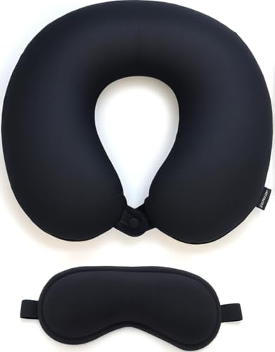 Image of Microfiber Travel Pillow with Eye Mask - Soft Neck Support Pillow for Airplane, Car, Train & Office - Compact & Lightweight Travel Essentials Set for Men & Women,Black