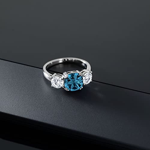 Gem Stone King 925 Sterling Silver London Blue Topaz and White Moissanite 3 Stone Engagement Ring For Women (3.74 Cttw, Gemstone November Birthstone, Cushion 8MM, Available in Size 5,6,7,8,9)4