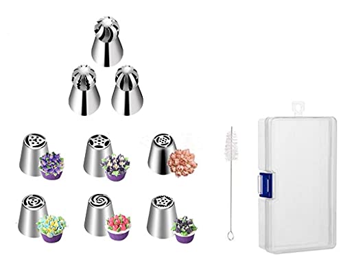 9pcs Russian Piping Tips Baking Supplies Set for Cake/Cupcake, Decorating Birthday Party Flower Frosting tips with a Storage Box and Small Cleaning Brush
