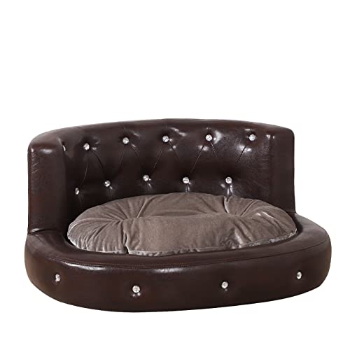 Pu Leather Dog Sofas And Chairs,Wooden Frame Cat Bed,Dog Bed With Soft Velvet Cushion,Crystal Bbutton Pet Sofa For 15 Pounds Pet Using,Brown #TOP3