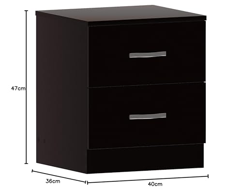 Vida Designs Large Black Bedside Cabinet, 2 Drawer, Bedside Table, Metal Handles and Runners, Riano Bedroom Furniture