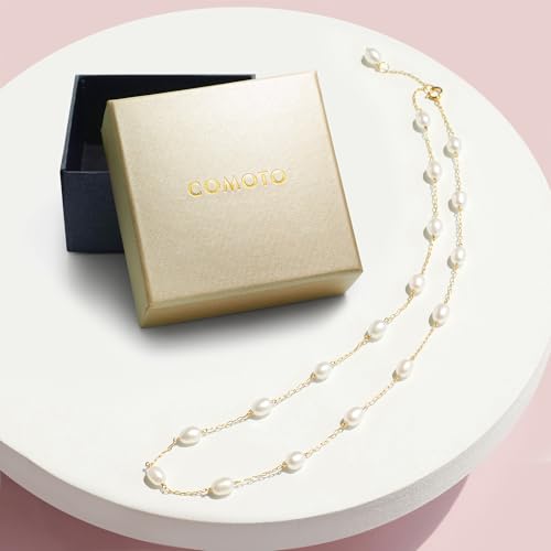 COMOTO Pearl Necklace for Women 14K Gold Filled Chain Multiple Real White Freshwater Cultured Pearl Necklace Tin Cup Pearl Handmade Necklace Jewelry,17"+1"