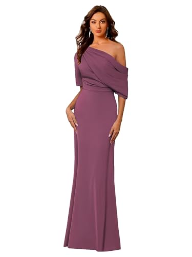 Image of Mermaid Satin Mother of The Bride Dresses for Women Elegant One Shoulder Ruffle Long Formal Evening Gown