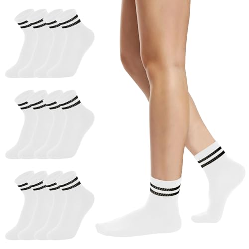 Risipu 6 Pairs Striped Crew Socks,Cozy Soft Ankle Cotton Socks for Women, Stylish Women's Casual Comfort Breathable Athletic Socks (UK, Alpha, One Size, Regular, Regular, 6 Pairs - White)