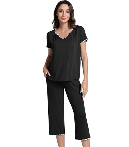 Image of NACHILA Bamboo Viscose Women's Pajamas Set Short Sleeve Sleepwear Soft Capri Pants Pajama Sets Cooling Pjs Casual Loungewear